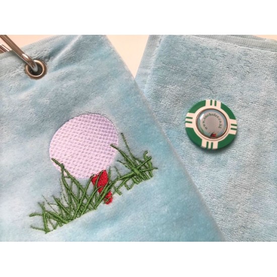 Golf Bag Towel for all Golfers Light Blue and Vegas Poker Chip Ball Marker Green