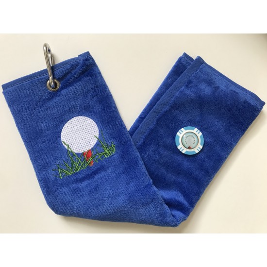Golf Bag Towel for all Golfers Electric Blue and Vegas Poker Chip Ball Marker Light Blue