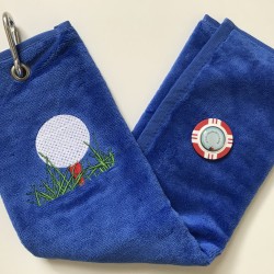 Golf Bag Towel for all Golfers Electric Blue and Vegas Poker Chip Ball Marker Red