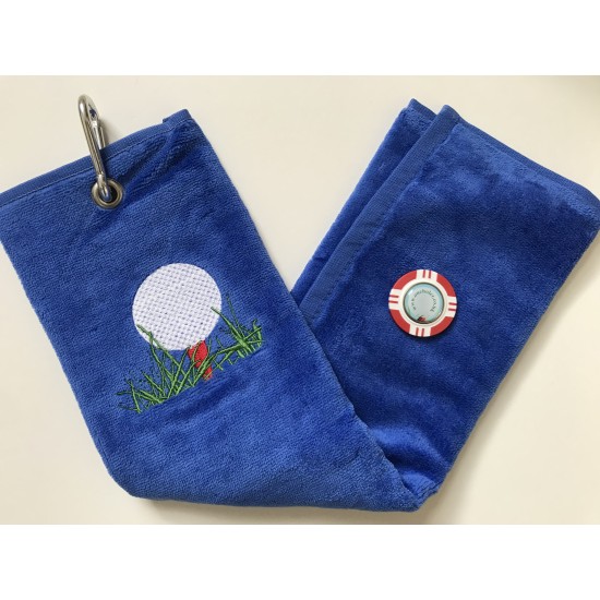 Golf Bag Towel for all Golfers Electric Blue and Vegas Poker Chip Ball Marker Red