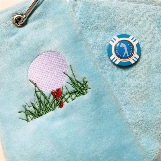 Longest Drive Vegas Chip Golf Ball Marker and Generic Golf Towel Light Blue