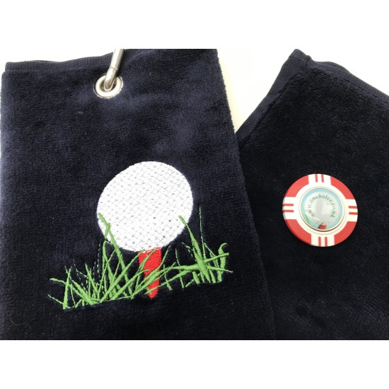 Golf Bag Towel for all Golfers Navy Blue and Vegas Poker Chip Ball Marker Red