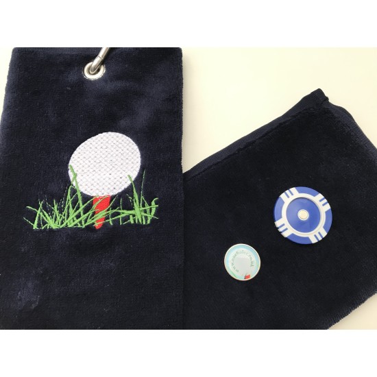Golf Bag Towel for all Golfers Navy Blue and Vegas Poker Chip Ball Marker Navy Blue