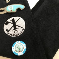 Hole in One Golf Towel Black with Hole in One Pitch Master Repairer & Hole in One Vegas Poker Chip Ball Marker Light Blue