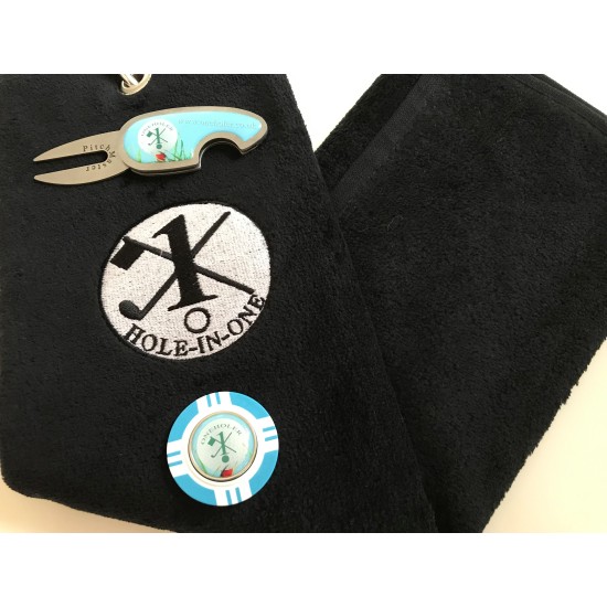 Hole in One Golf Towel Black with Hole in One Pitch Master Repairer & Hole in One Vegas Poker Chip Ball Marker Light Blue