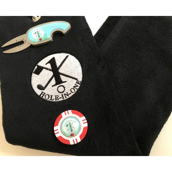 Hole in One Golf Towel Black with Hole in One Pitch Master Repairer & Hole in One Vegas Casino Poker Chip Ball Marker Red