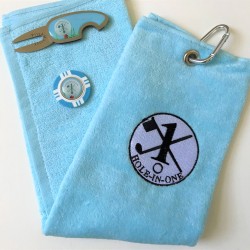 Hole in One Golf Towel Light Blue with Hole in One Pitch Master Repairer and Hole in One Vegas Poker Chip Ball Marker Light Blue