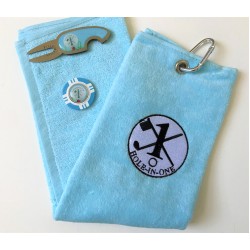 Hole in One Golf Towel Light Blue with Hole in One Pitch Master Repairer and Hole in One Vegas Poker Chip Ball Marker Light Blue