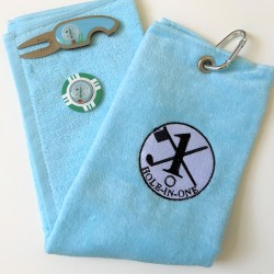 Hole in One Golf Towel Light Blue with Hole in One Pitch Master Repairer and Hole in One Vegas Poker Chip Ball Marker Green