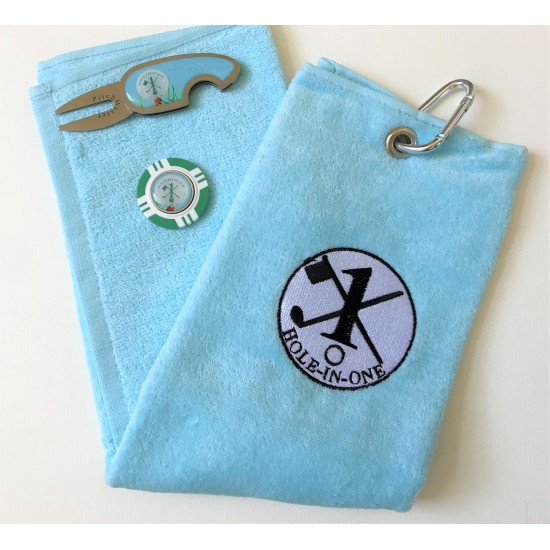 Hole in One Golf Towel Light Blue with Hole in One Pitch Master Repairer and Hole in One Vegas Poker Chip Ball Marker Green
