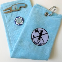 Hole in One Golf Towel Light Blue with Hole in One Pitch Master Repairer and Hole in One Vegas Poker Chip Ball Marker Navy Blue