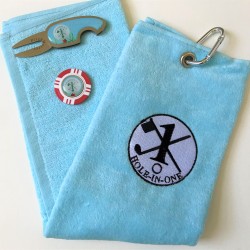 Hole in One Golf Towel Light Blue with Hole in One Pitch Master Repairer and Hole in One Vegas Poker Chip Ball Marker Red
