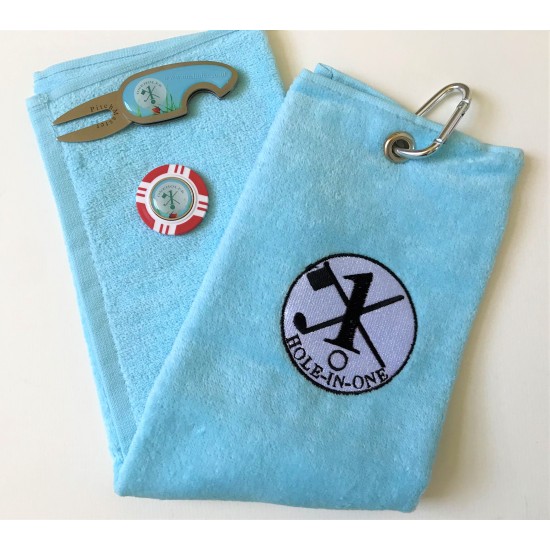 Hole in One Golf Towel Light Blue with Hole in One Pitch Master Repairer and Hole in One Vegas Poker Chip Ball Marker Red
