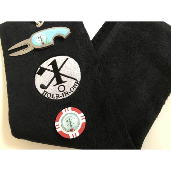 Hole in One Golf Towel Navy Blue with Hole in One Pitch Master Repairer and Hole in One Vegas Poker Chip Ball Marker Red