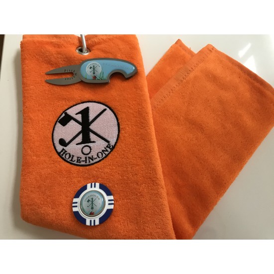 Hole in One Golf Towel Orange with Hole in One Pitch Master Repairer & Hole in One Vegas Poker Chip Navy 
