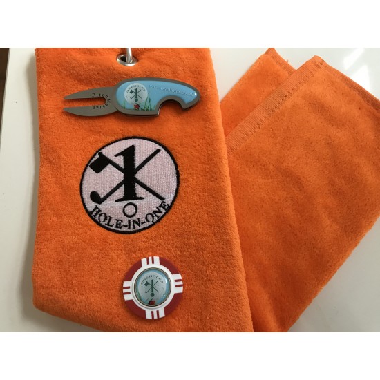 Hole in One Golf Towel Orange with Hole in One Pitch Master Repairer & Hole in One Vegas Poker Chip Red