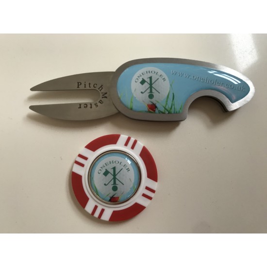 Hole in One Golf Towel Light Blue with Hole in One Pitch Master Repairer and Hole in One Vegas Poker Chip Ball Marker Red