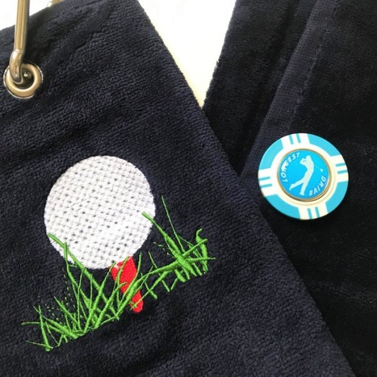 Longest Drive Vegas Chip Golf Ball Marker and Generic Golf Towel Navy Blue
