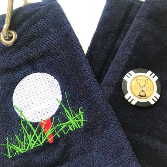 Winner Vegas Chip Golf Ball Marker and Generic Golf Towel Navy Blue