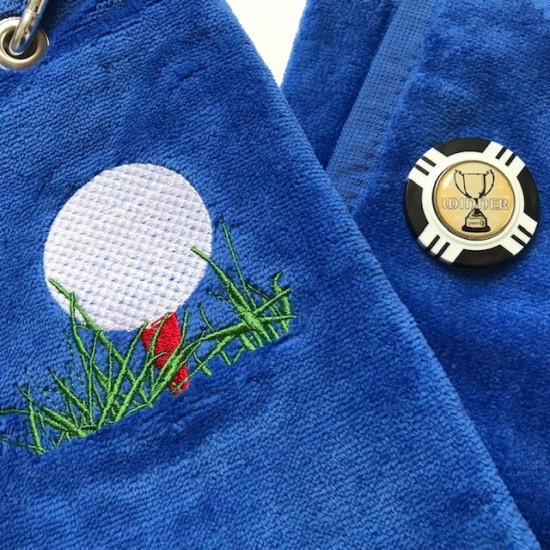 Winner Vegas Chip Golf Ball Marker and Generic Golf Towel Electric Blue