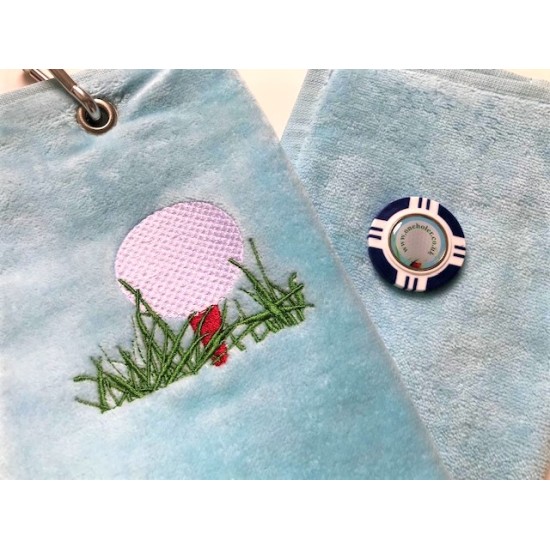 Golf Bag Towel for all Golfers Light Blue and Vegas Poker Chip Ball Marker Navy