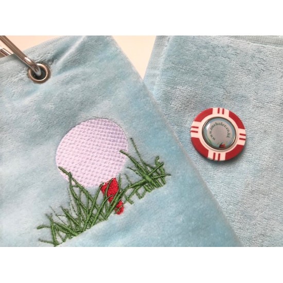 Golf Bag Towel for all Golfers Light Blue and Vegas Poker Chip Ball Marker Red