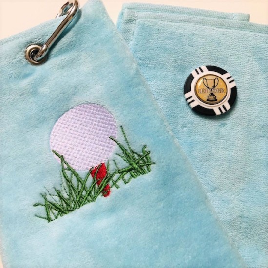 Winner Vegas Chip Golf Ball Marker and Generic Golf Towel Light Blue