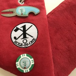 Hole in One Golf Towel Red with Hole in One Pitch Master Repairer and Hole in One Vegas Poker Chip Green
