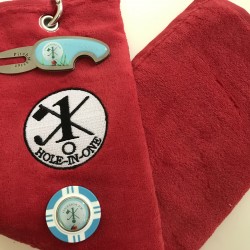 Hole in One Golf Towel Red with Hole in One Pitch Master Repairer and Hole in One Vegas Poker Chip Light Blue