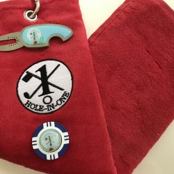 Hole in One Golf Towel Red with Hole in One Pitch Master Repairer and Hole in One Vegas Poker Chip Navy Blue