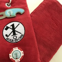 Hole in One Golf Towel Red with Hole in One Pitch Master Repairer and Hole in One Vegas Poker Chip Red