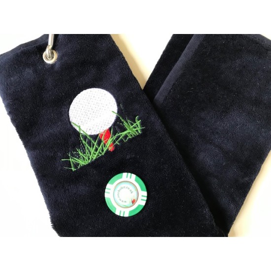 Golf Bag Towel for all Golfers Navy Blue and Vegas Poker Chip Ball Marker Green